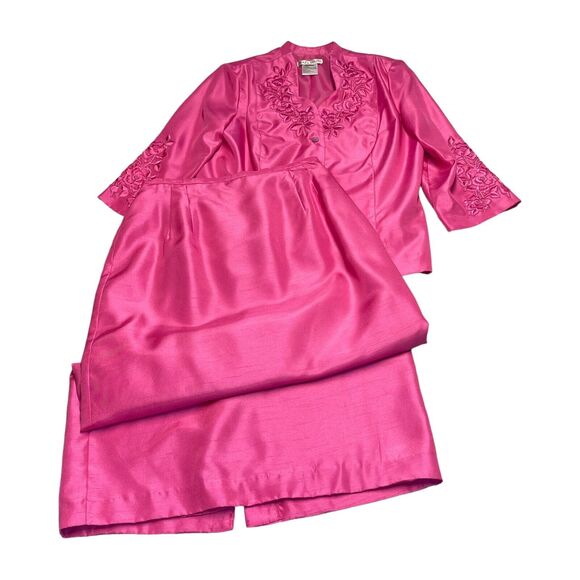Plaza South Skirt Suit Women's 12 Pink Polyester Satin Embroidered Long Sleeve - Picture 1 of 8